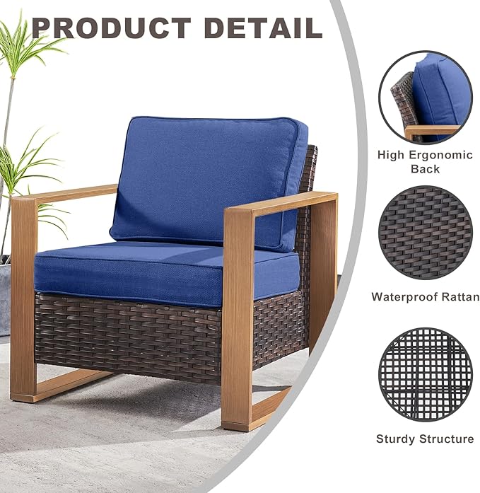 Rilyson Wicker Outdoor Patio Chairs Set of 2, Rattan Patio Furniture Chairs with Sturdy Frame,All-Weather PE Wicker,Wide Armrest,Deep Seating and Thick Cushions for Deck Porch Garden(Brown/Blue)