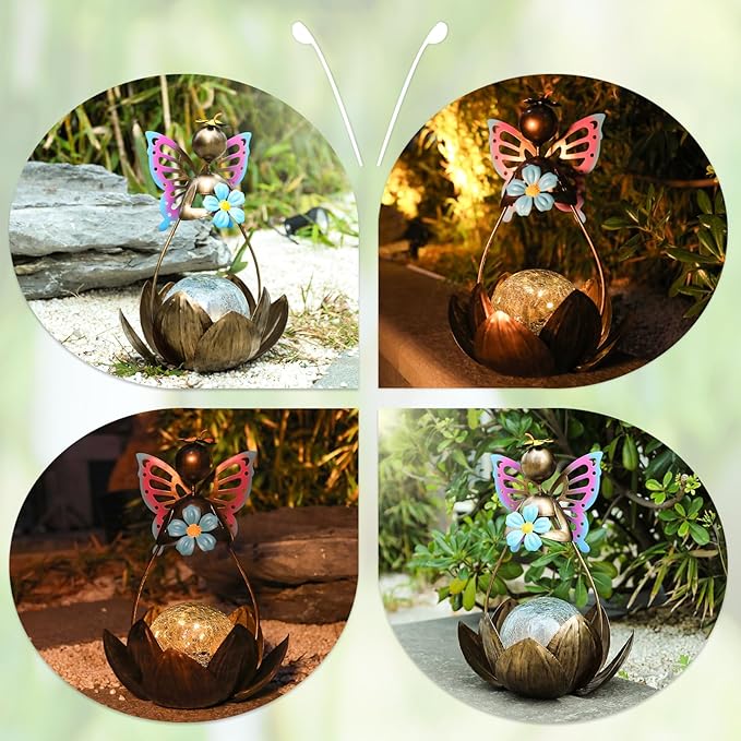 Afirst Solar Lights Outdoor, Solar Fairy Lotus Lamp Garden Decor Metal Crackle Glass Decorative Ball Waterproof Landscape Path Light LED Table Light for Tabletop，Patio,Lawn,Walkway,Tabletop,Pathway