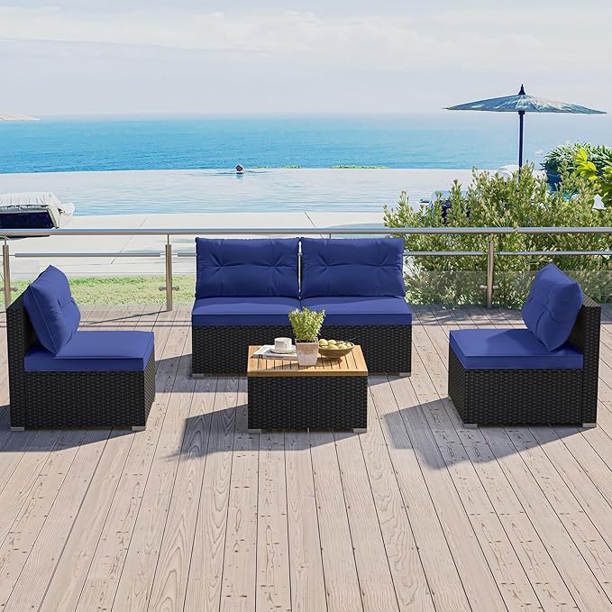 HAPPYGRILL 5 Pieces Patio Rattan Sofa Set, Outdoor Furniture Set with Seat & Back Cushions, Square Coffee Table with Acacia Wood Tabletop, Wicker Patio Conversation Set, Navy