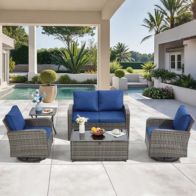 5 Pieces Outdoor Furniture Set with Swivel Chairs, Wicker Patio Furniture Sets for Porch Deck Bistro Lawn Garden Backyard Poolside-Blue