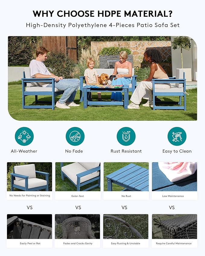 SERWALL 4 Pieces HDPE Outdoor Sofa Set with 10FT Patio Umbrella, All Weather Use Loveseat Furniture Sofa Set, Outdoor Conversation Couch with Coffee Table for Patio, Blue Frame with Khaki Cushions