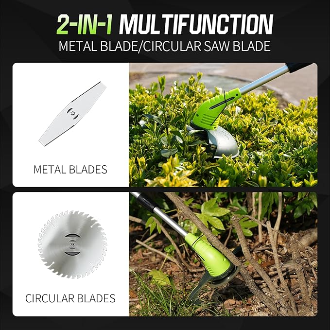 Electric Weed Wacker: Cordless Weed Trimmer with 2 * 2.0Ah Li-Ion Battery Powered & 4 Cutting Blade Types, Wheel Trimmer Lightweight Ajustable Pole &Back-Friendly Compact Power Tool for Lawn Yard Work