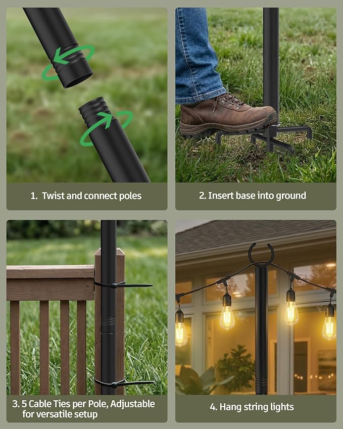 LAND·VOI Outdoor String Light Poles 2 Pack, Heavy Duty String Light Poles for Outside with 5-Prong Base & Adjustable Height, Perfect for Backyard, Patio, Garden, Fence and Party Decor