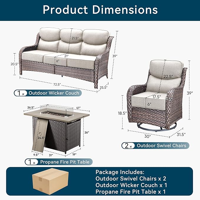 Luxury Patio Furniture Set with Fire Pit Table-4 Pieces High Back Wicker Swivel Rocker Chairs with 6" Extra Thick Cushions, Outdoor Patio Conversation Sets for Porch Deck Backyard(Brown/Beige)