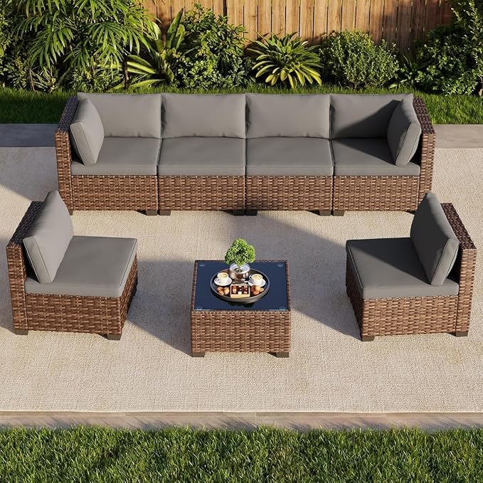 7 Pieces Wicker Patio Conversation Set Grey Outdoor Sectional Rattan Sofa Set Patio Furniture Sets with Cushions and Glass Coffee Table for Balcony Porch Garden