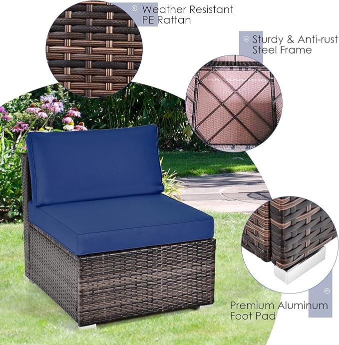 RELAX4LIFE 8-Piece Patio Furniture Set - Rattan Wicker Sectional Sofa Set w/Cushions, 32’’ Outdoor Gas Propane Fire Pit Table & Tank Holder, 40000 BTU Heat Output, PVC Cover for Firepit (Navy)