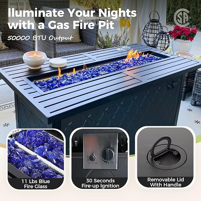 Patio Furniture Set with Firepit Table, 4 Pcs Metal Outdoor Conversation Set, 2 Swivel Chairs and 3 Seater Sofa with 5.75" Extra Thick Cushion and Gas Fire Pit Table for Backyard Deck, Blue