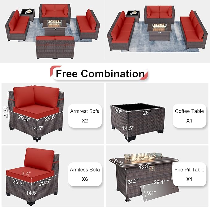 Patio Furniture Sectional Sofa 10PCS PE Rattan Patio Conversation Set w/43in Gas Fire Pit Table, Patio Outdoor Furniture with 4 Inch Thickened Cushions and Glass Coffee Tables, Red