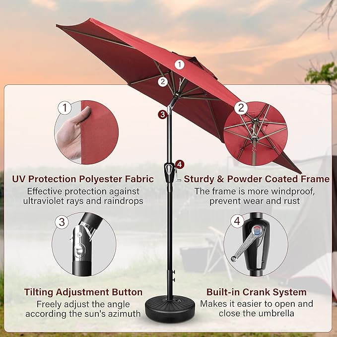 Simple Deluxe 7.5ft Patio Umbrella Outdoor Table Market Yard Umbrella with Round Umbrella Base Stand for Garden, Deck, Backyard, Pool, Red