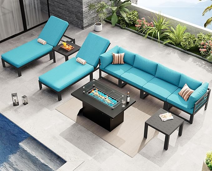 NICESOUL 9 Pcs Extra Large Contemporary Aluminum Outdoor Furniture Set with Chaise Lounge & Fire Pit Table, 29" Deep Wide Couch Set, 500 lbs Heavy Duty Comfy Patio Sectional Sofa for Poolside, Teal