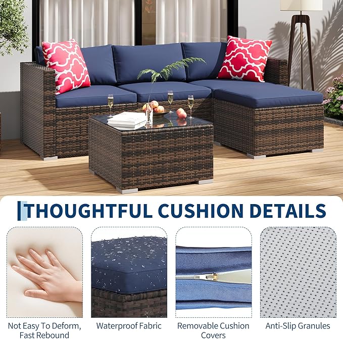5-Piece Outdoor Sectional Sofa Set, All-Weather PE Rattan Patio Furniture with Ottoman & Tempered Glass Table, Convertible Garden Couch for Backyard, Porch, Poolside (Brown/Navy Blue)