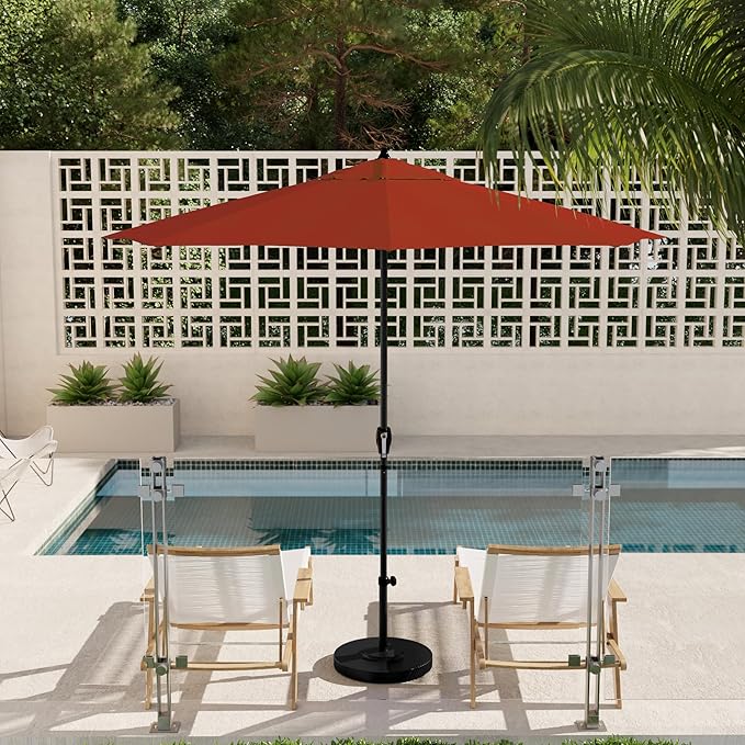 California Umbrella 12-Year Protection 9' Rd Aluminum Patio Umbrella, Crank Lift, Auto Tilt, Black Finish, Sunbrella Jockey Red