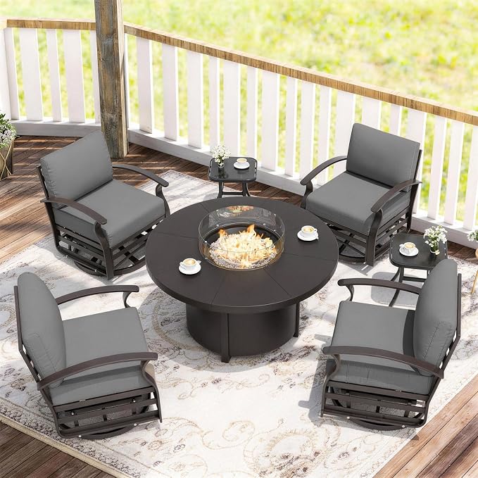 ALAULM Aluminum Patio Furniture Set with Coffee Table Rectangular, 5-seat Outdoor Sectional Furniture w/2 Swivel Chairs, Patio Conversation Set for Porch, Backyard, Poolside-Grey