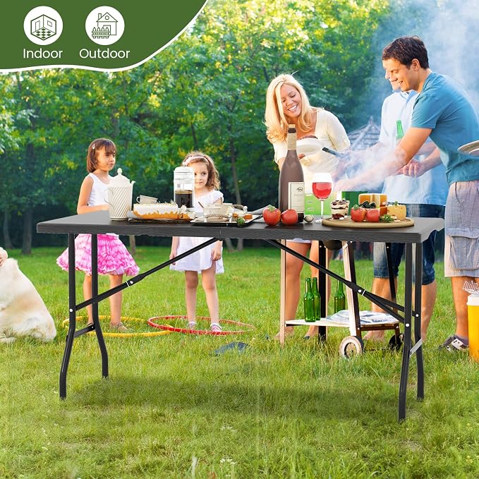 Giantex 5 FT Folding Table, HDPE Foldable Dining Table for 6, Indoor Outdoor Use for Party Banquet Wedding Picnic Camping BBQ, Fold-in-Half Portable Space Saving Design (Black)