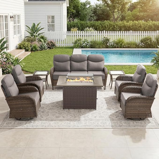 High Back Luxury Patio Furniture Set with 41"Fire Pit Table, 6-Inch Cushion Swivel Rocker Patio Chairs Set of 4 with Outdoor Couch, 8 Piece Wicker Conversation Set for Deck Yard Garden Balcony