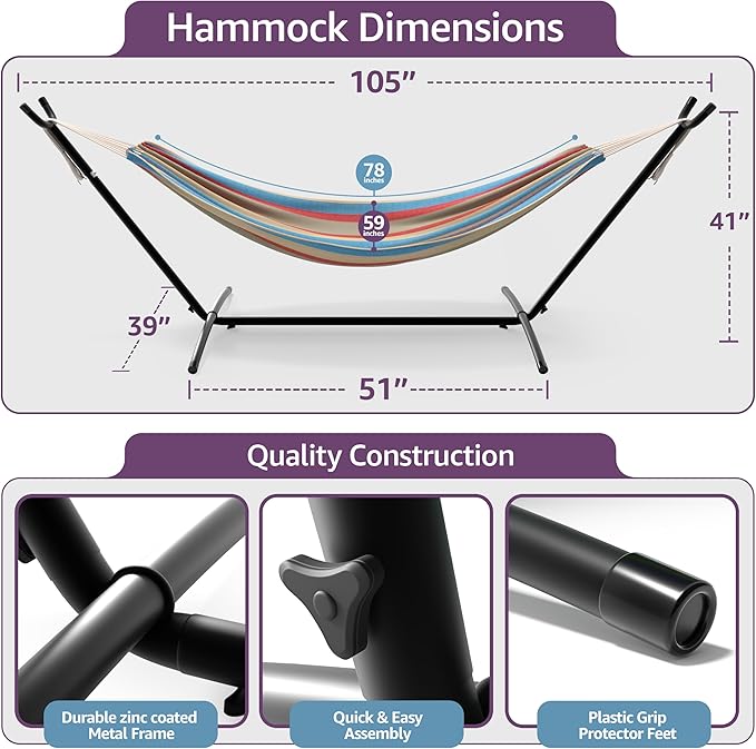 Sorbus 2-Person Luxury Hammock with Steel Stand- Premium Cotton Blend 60" Large Bed- Heavy Duty 450lbs Portable w/Carrying Case - for Garden Yard Patio Outdoor Camping Gifts- Washable