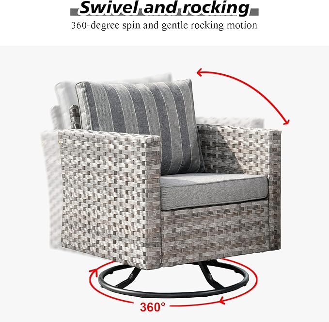 HOOOWOOO Outdoor Patio Sectional Furniture Sofa Set with Large Fire Pit Table,9 Piece Modern Wicker Couch with Swivel Chair,Modular Conversation Seating Set with Widened Armrest(Grey Strips)