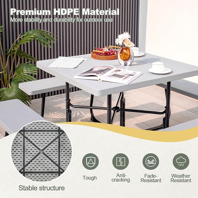 POWERSTONE Picnic Tables with Benches for 8, Outdoor HDPE Picnic Table with Umbrella Hole, Heavy Duty 35" Portable Dining Set Camping Table for Backyard, Patio, Park(Grey)
