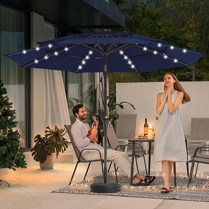 JEAREY 3 Tiers Patio Umbrella with Solar Lights 9ft Outdoor Market Table Umbrellas with Push Button Tilt for Outside Pool Garden, Navy Blue