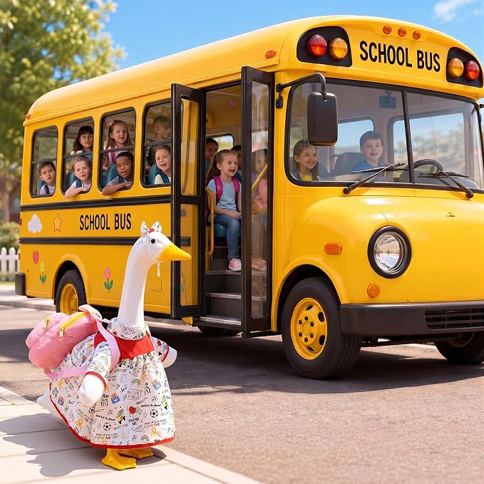 Outus Back to School Porch Goose Outfits Includes Notebook Doodle Dress Bow Headband and Pink Schoolbag First Day of School Classroom Goose Clothing for Outdoor Garden Yard Patio Lawn 23" Statue