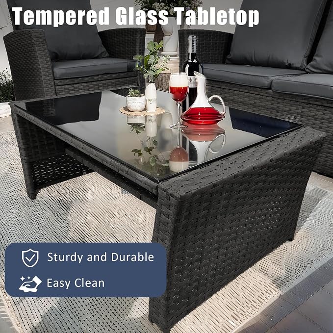 4 Piece Patio Furniture Set, All-Weather Wicker Sectional Conversation Set with Tempered Glass Table & Cushioned Sofa,Outdoor Sofa for Garden, Porch, Backyard (Black-Gray)