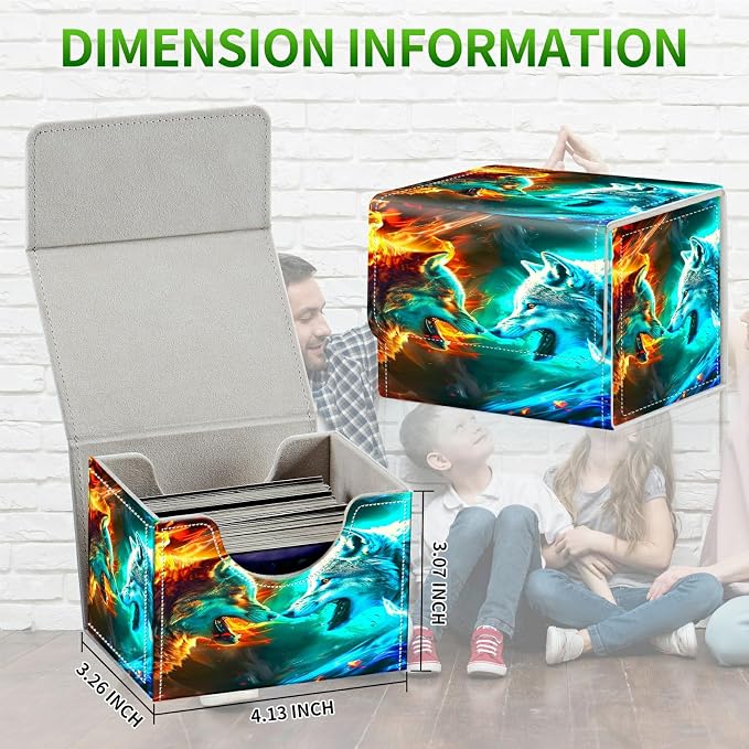 Card Deck Box for MTG, Cards Storage Box Fits 120+ Sleeved, Leather Small Size Strong Magnetic Closing Card Case for Board Games Magic TCG CCG Baseball Collection, Two Flaming Wolves