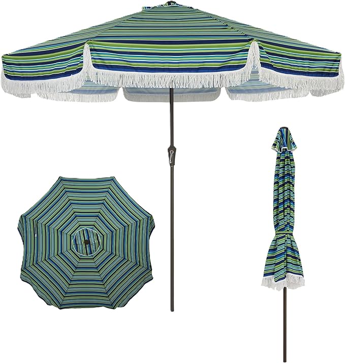 PeakPursuit 9 ft Patio Umbrella with Fringe, Tassel Outdoor Beach Umbrella for Sand with Push Button Tilt, 8 Fiberglass Ribs, UV 50+ Sun Protection for Garden, Pool, Backyard, Deck