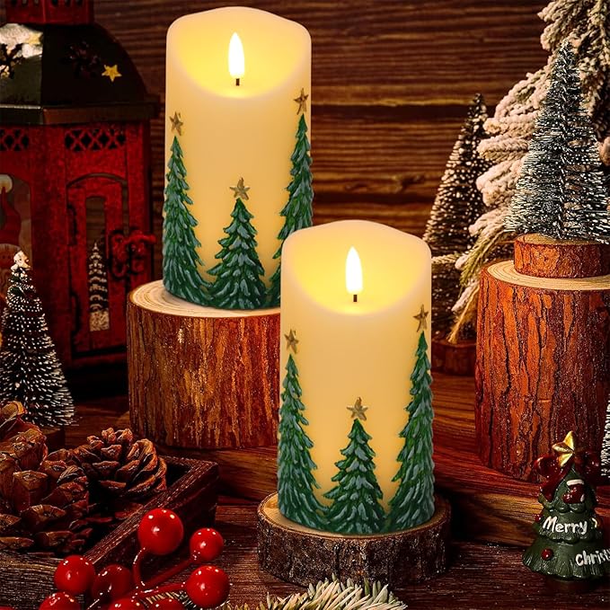 Christmas Tree LED Candles with 6H Timer, flameless Candles with Flickering Flame, Waxy Pillar 2 Pack Flickering Star Decor for Fall Christmas Decor (3 inches x 5.7 inches)