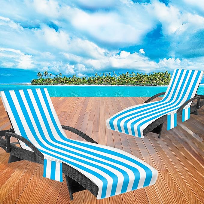 Lounge Chair Towel Cover, Beach Chair Covers (Pack of 2), Chaise Lounge Cover with 3 Pockets for Pool Beach Garden Courtyard Outdoor Trips, 85 x30 in, Striped Sky Blue