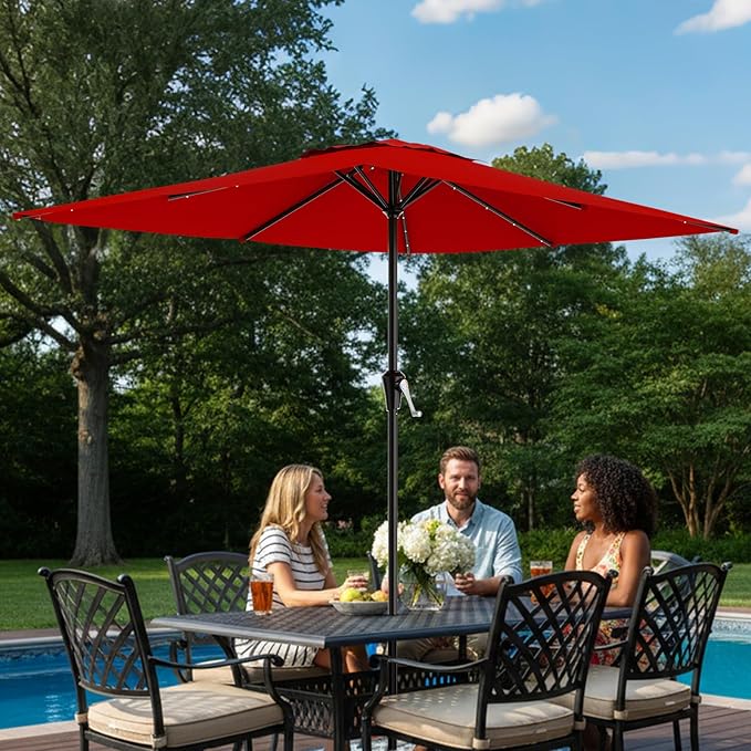 AreShark 8' X 10' Rectangular Patio Umbrella with Solar Lights, Lighted Solar Umbrella with Crank, Outdoor Table Umbrella for Garden, Deck, Backyard, Pool and Beach, Red