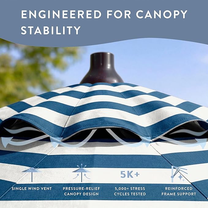 California Umbrella 12-Year Protection 7.5-Ft Outdoor Patio Umbrella, Sunbrella Fade-Resistant Fabric, Auto-Tilt, Heavy Duty Aluminum Frame, 8 Reinforced Ribs for Pool or Deck, Bronze Pole, Cabana Regatta