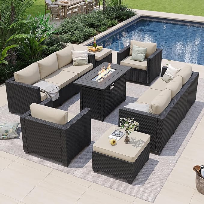 Aoxun 7 Piece Patio Furniture Set with Fire Pit Table, 10 Seats Outdoor Furniture Set with Wicker Ottomans, Rattan Outdoor Sectional Sofa with Thickened Cushion & Waterproof Cover Beige
