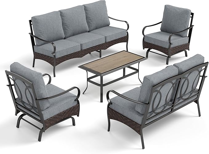 PHI VILLA Outdoor Modern Patio Furniture Set, Upgraded Wicker & Metal Patio Conversation Set with Waterproof Thick Cushions for Porch, Poolside, Yard (5 Pieces,Grey)