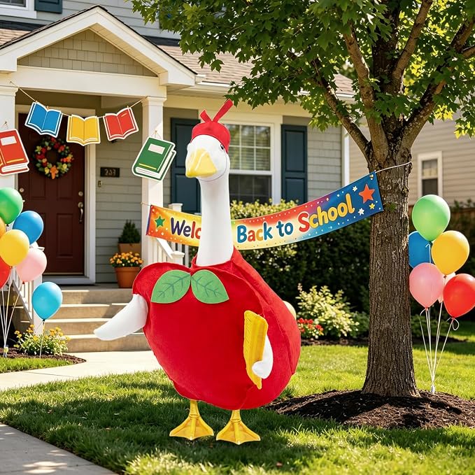 Back to School Porch Goose Outfits for 23 Inch Lawn Goose Statue,Cute Red Apple Goose Statue Costume, Porch Goose Clothes for School Classroom Outdoor Garden Yard Patio Statue Decor