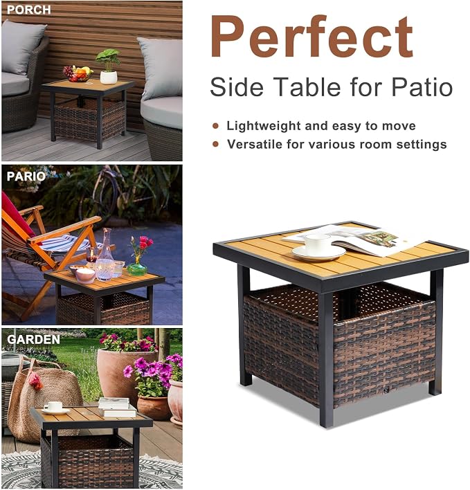 Outdoor Patio Umbrella Stand Table, All Weather Small Wicker Side Table with Umbrella Hole, 22 in Rattan Base Table (Yellow)