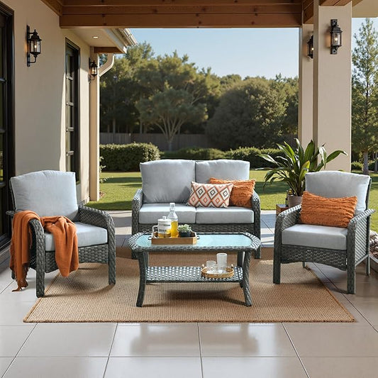 Weaxty Wicker Patio Furniture Set High Back Loveseat Sofa Couch Armchair Coffee Table, All Weather Rattan 4 Pieces Outdoor Conversation Sets for Patio Porch Deck Backyard Poolside, Gray