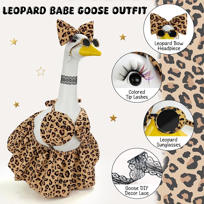 Leopard Bikini Porch Goose Outfit Set for 23 Inch Goose Statue, Swimsuit with Bow Eyelashes Lace Sunglasses Strap, Wild Style Summer Goose Clothes Decor (Leopard)