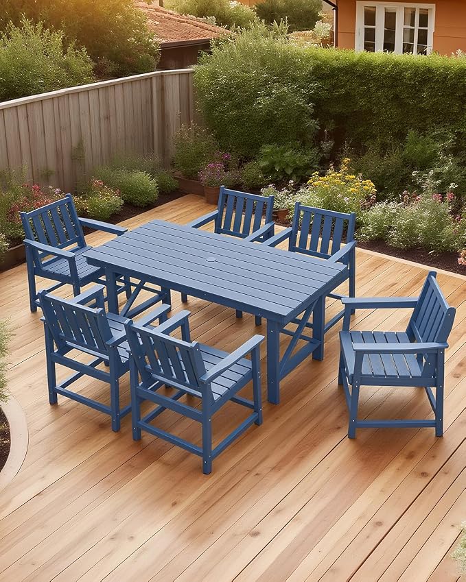 Outdoor Patio Dining Table Set, 7-Piece Outdoor HDPE Dining Furniture Sets with Umbrella Hole Cut-Out Table and 6 Chairs for Patio, Garden, Backyard, Lawn and Poolside, Navy