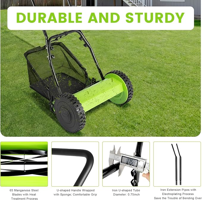 12" Manual Lawn Mower Hand Push Reel Walk-Behind Grass Catcher W/23L Collection Bag,5 Blades Grass Dual Wheel Lawn Mower Adjustable Height