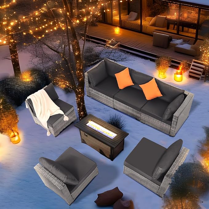 FHFO 14 Piece Outdoor Wicker Patio Furniture Set, Grey/Dark Grey | Sectional Sofa | All-Weather Hand-Woven Rattan | Tempered Glass Coffee Table | Free Combination | Indoor & Outdoor Use