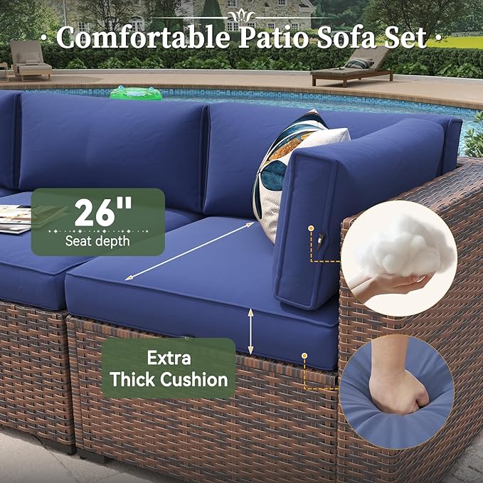 Aoxun 7 Piece Patio Furniture Set Wicker Rattan Patio Conversation Set Outdoor Sectional Sofa Set with Coffee Table and Thickened Cushions, Blue(Waterproof Cover Included)