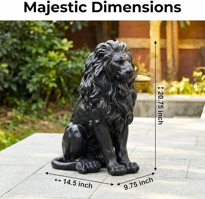 20.5" Black Lion Statue, Resin Outdoor Guardian Sculpture | Weather-Resistant Finish, Simulated Animal Decor, For Villa Garden Park Resort, Home Courtyard