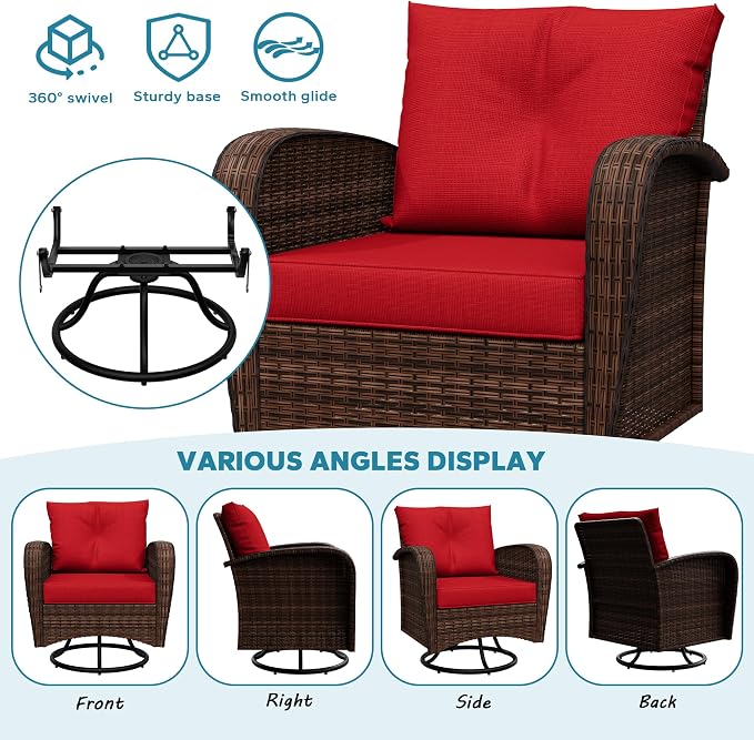 7 Pieces Patio Set, 73" PE Rattan Sofa, Coffee Table, Wicker Swivel Glider Chairs, Outdoor Conversation Furniture with Removble Cushion, Loveseat Couch for Porch, Bistro (Navy Blue)