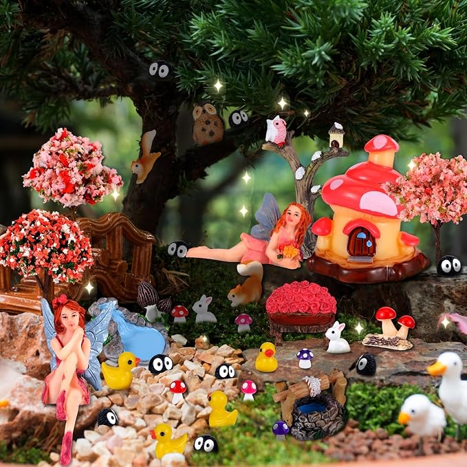 109 Pcs Fairy Garden Accessories Miniature Fairy Figurines Kit | Mini Resin Animals Garden House Supplies Outdoor Decor for DIY Dollhouse