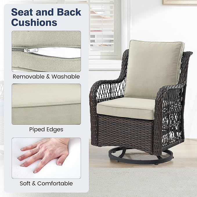 GarveeHome 3 Piece Outdoor Patio Set, Wicker Rocking Bistro Set with 2 Swivel Chairs & Tempered Glass Top Table, Rattan Outdoor Furniture with Cushions for Patio Porch Backyard