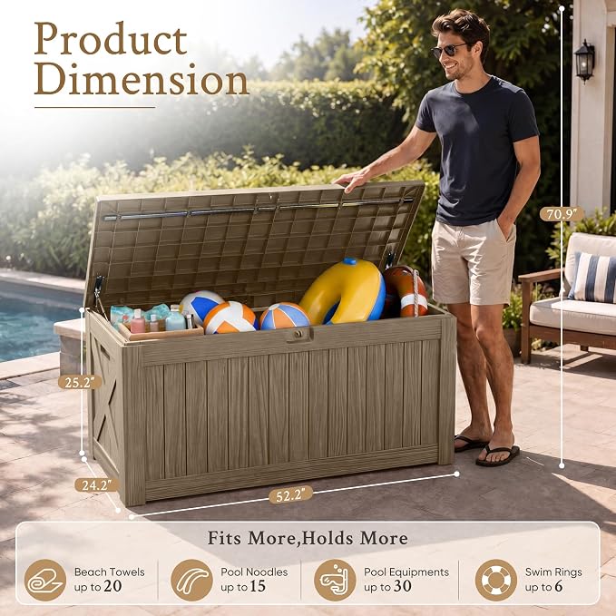 Devoko 120 Gallon Deck Box Resin Outdoor Storage Box Waterproof for Patio, Large Outdoor Storage Bench Lockable for Outside (Brown)