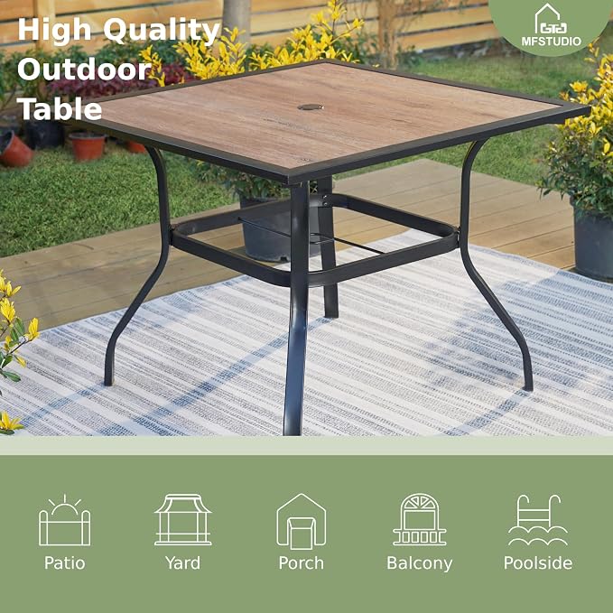 MFSTUDIO 5-Piece Patio Dining Set, 6 Metal Cushioned Chairs, Umbrella Hole | 37" Square Wood-Look Metal Table, Black