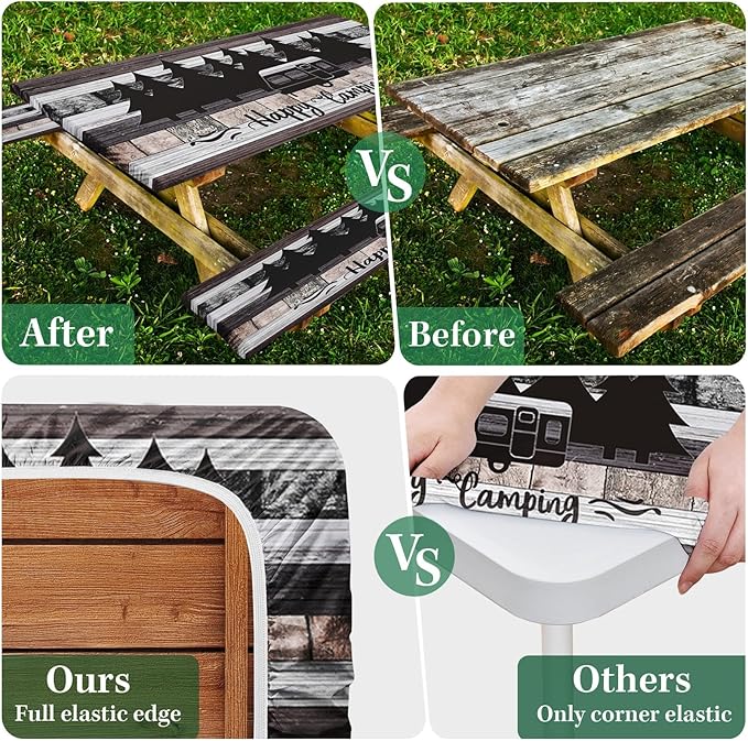 Picnic Table Cover with Bench Covers Elastic Edges, Grey Camper Fitted Table Cover, Outdoor Patio Camping Essentials 72 Inch 3PCS, Waterproof Camping Fitted Tablecloth with Drawstring Bag