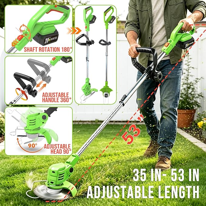 Cordless Weed Wacker, 21V Battery Powered Weed Eater with 2 Battery and Charger, Electric Grass Trimmer with 5 Types 26Pcs Blade, 3 in 1 Stringless Weed Trimmer Brush Cutter Edger for Lawn Garden