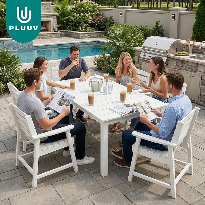PLUUV 7-Piece Outdoor Patio Dining Set, All-Weather HDPE Dining Furniture Set with Umbrella Hole Cut-Out Table, Aluminum Table Legs, and 6 Chairs, Waterproof & Easy Clean for Backyard, Garden, White